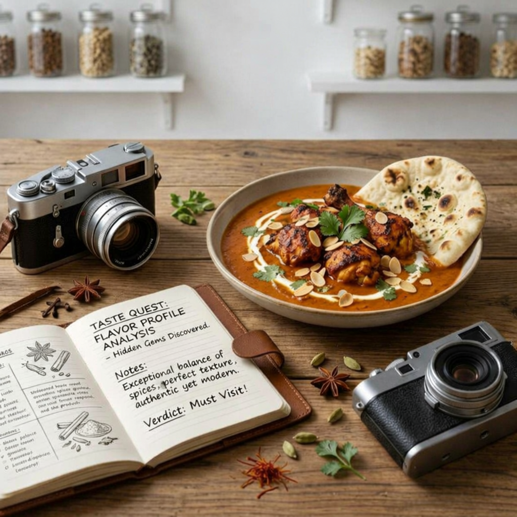 Expert food discovery at Taste Quest showing a gourmet dish, professional research journal with tasting notes, and a vintage camera on a wooden table.