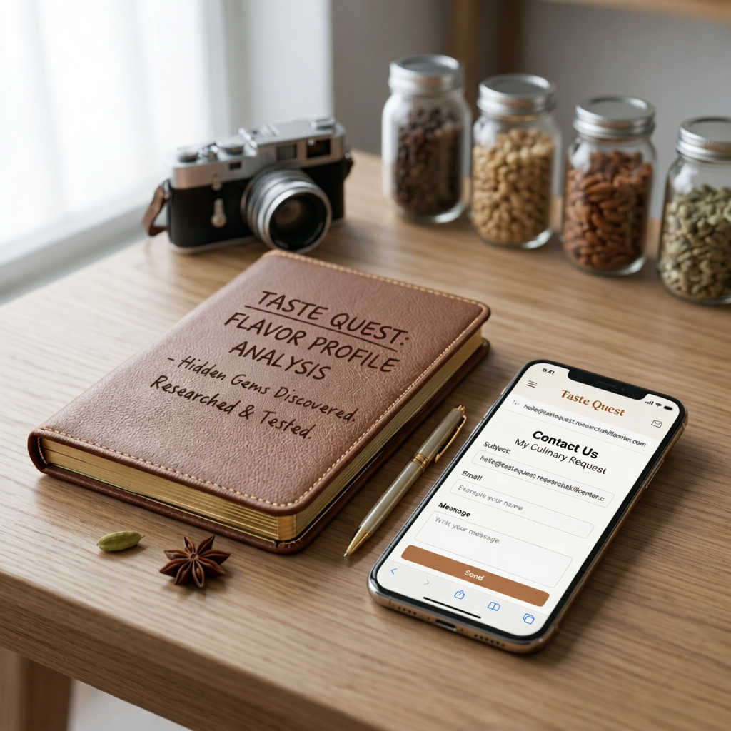 Contact Taste Quest through our official digital concierge, featuring a branded journal and smartphone with our contact form on a professional wooden desk.